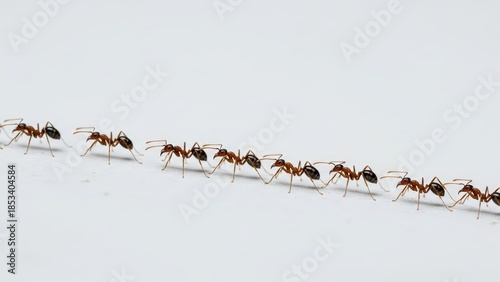 A close-up shot of a single file line of small ants marching across a plain white background, showcasing their organized movement.