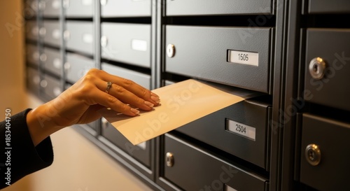 A person delicately inserts a letter into a sleek, modern mailbox, revealing a moment of everyday postal communication.