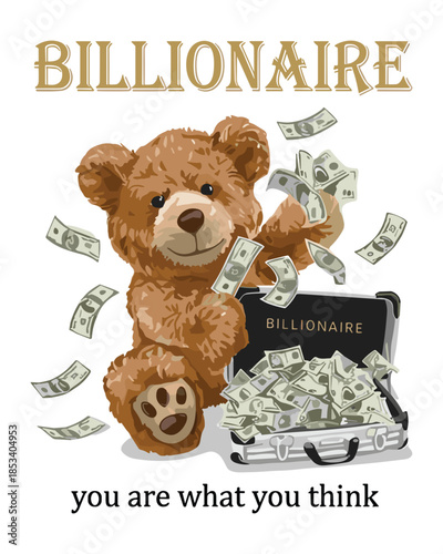 Playful vector art of a charming teddy bear joyfully tossing money in the air near a suitcase full of cash, illustrating abundance.