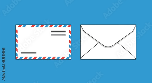 Flat lay of a white envelope and a colorful airmail envelope on a blue background.