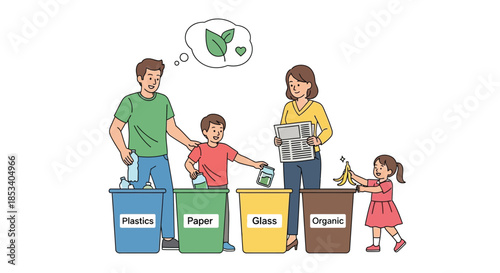 A family of four is sorting recyclables into labeled bins for plastic, paper, glass, and organic waste on a clean white background with a thoughtful mood.