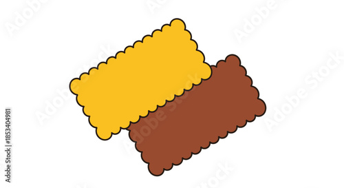 Two rectangular-shaped cookies with wavy edges, one yellow and one brown, on a white background, in a flat lay composition with a simple and appetizing mood.
