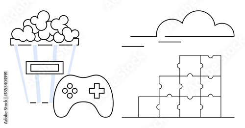 Entertainment concept. Entertainment activities thumbs up gaming, watching movies, and solving puzzles by popcorn, cloud, video game controller, and puzzle pieces. For leisure, media apps gaming