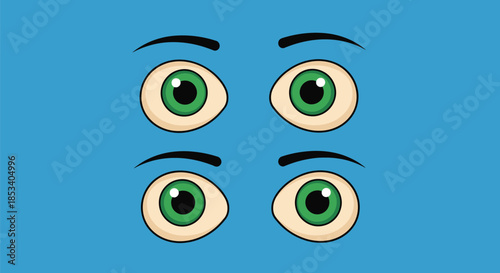 Cartoon illustration of four green eyes with eyebrows on a blue and white background, in a graphic design style with bold lines and bright colors.