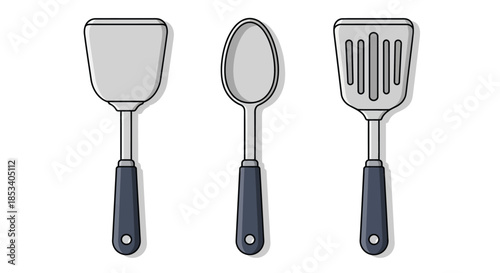 Illustration of three kitchen utensils with black handles on a white background.