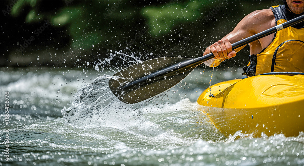 Naklejka premium Kayaker in yellow kayak paddling through turbulent river waters, splashes of water flying, showcasing the thrill of adventure and outdoor recreation in nature