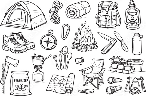 Camping Gear And Outdoor Equipment Line Art Set.eps