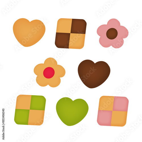 お花、四角、ハートの形をしたクッキーのイラスト/Illustration of flower, square, and heart-shaped cookies
