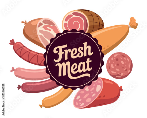 An assortment of fresh meats and sausages arranged in a circular pattern.