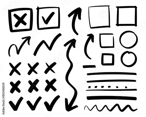 A collection of hand-drawn checkmarks, crosses, squares, circles, and arrows on a white background.