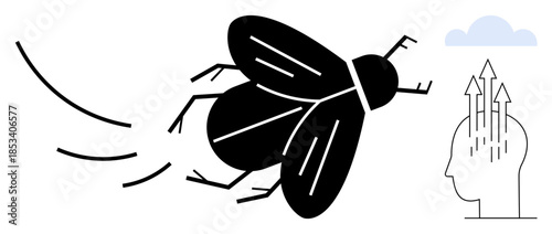 Innovation concept. Innovation ed through a flying insect and human mind symbols with arrows implying thinking and creativity. Innovation for problem-solving, brainstorming, startups, technology