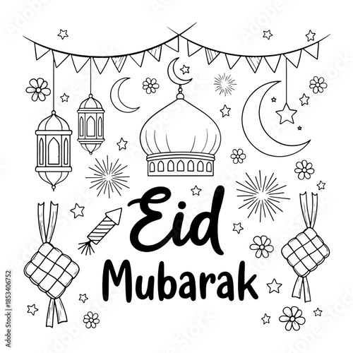 Eid Mubarak Greeting Card Design with Mosque Lanterns and Ketupat Line Art