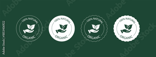 Collection of white organic natural product labels and badges with leaf and hand icons on a dark green background for eco-friendly branding