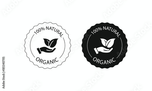 Premium black and white 100% natural organic stamp icons, eco-friendly scalloped edge vector badges for product certification