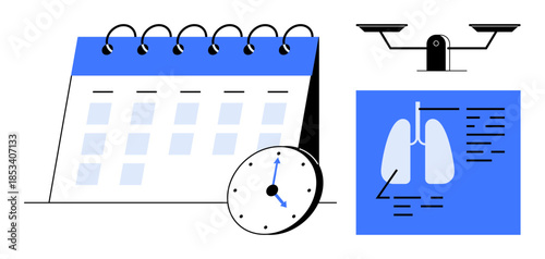 Healthcare appointments, time management, diagnostics, medical progress, work-life balance, decision-making. Calendar, clock x-ray scan and scales illustration. Healthcare appointments and time