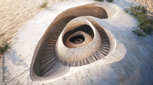 The Spiral Apartment House, Hecker's design, its form mimicking a desert flower, petals made of sandstone that subtly changes color with the sun's angle