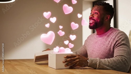 Happy African American man opening a white gift box with magical pink hearts appearing for love and surprise concept and heartfelt emotion