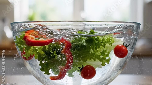 Fresh vibrant vegetables washing in clear water with splashes in a glass bowl for healthy nutrition concept and cooking preparation
