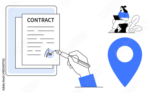 Contract signing. Contract featured with a signing hand formal agreements. Remote work engagement along with geolocation pin for global processes. Perfect for legal, tech, remote work, agreements