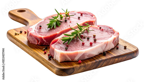 Two raw, marbled steaks on a wooden cutting board with herbs and peppercorns