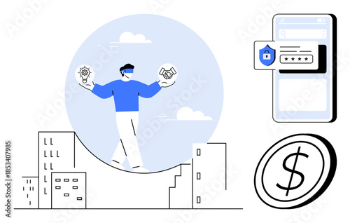 Business strategy, financial planning, online security, mobile payments, digital economy, decision-making. Person balancing ideas and plans. Business strategy and financial planning visualization