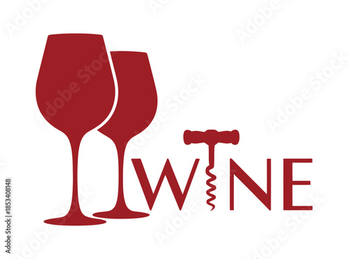 Elegant wine glasses and corkscrew forming the word 'Wine' on a white background.