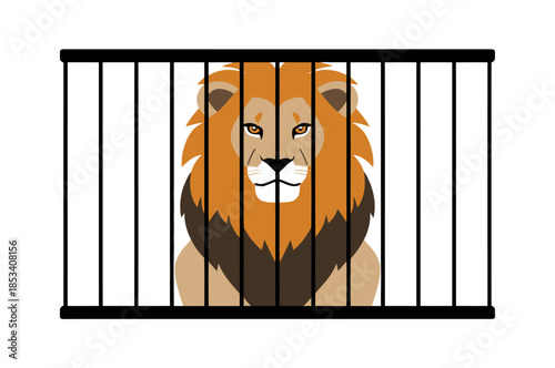 Majestic lion with imposing mane confined behind zoo bars
