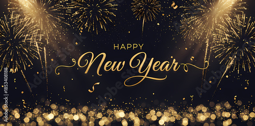 Happy New Year Illustration Showcasing a Brilliant Midnight Celebration with Colorful Fireworks, Glowing City Lights, Festive Confetti, Sparkling Atmosphere, and a Joyful New Beginning Filled with Hop