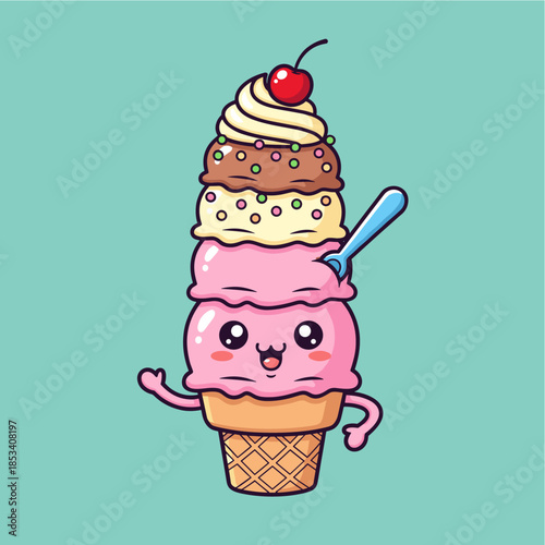 Cute Food Cartoon Character, funny, delicious cartoon of Ice cream and gelato