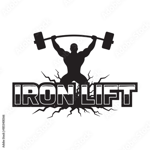 Iron Lift gym logo with strong bodybuilder lifting heavy barbell vector illustration.