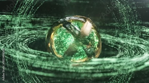 Glowing sphere amidst swirling green depths, a mesmerizing abstract composition in vibrant hues