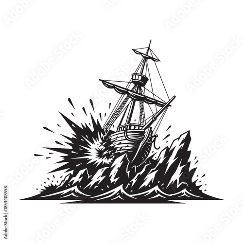 Vintage sailing ship crashing into stormy ocean waves tattoo style vector illustration.