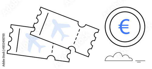 Travel cost concept. Travel and flight booking with airplane tickets and a Euro coin. Travel cost tied to international trips, flight logistics, and budget planning. Perfect for tourism, budgeting
