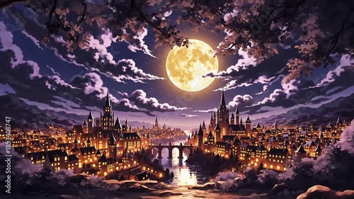 Peaceful night view from under an ancient tree overlooking a glowing fantasy city under a full moon