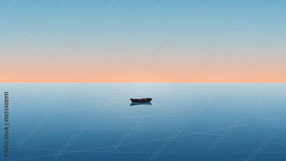 Fototapeta premium Seascape Solitude: a tranquil view of the serene ocean, where a solitary boat gently drifts upon the water under a calm sky. A peaceful scene.