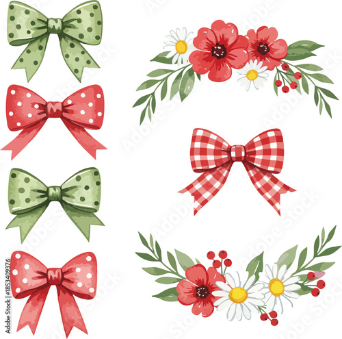 Vector illustration set of red and gold bows with ribbons for Christmas gift decoration and birthday celebration design elements