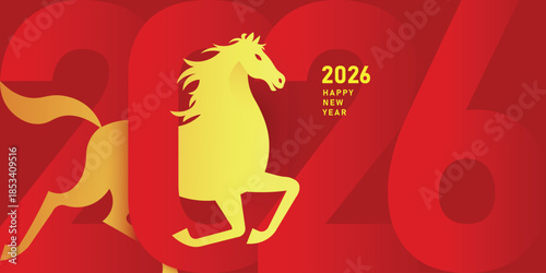 Stylized golden horse leaps with bold numbers, celebrating the New Year 2026.