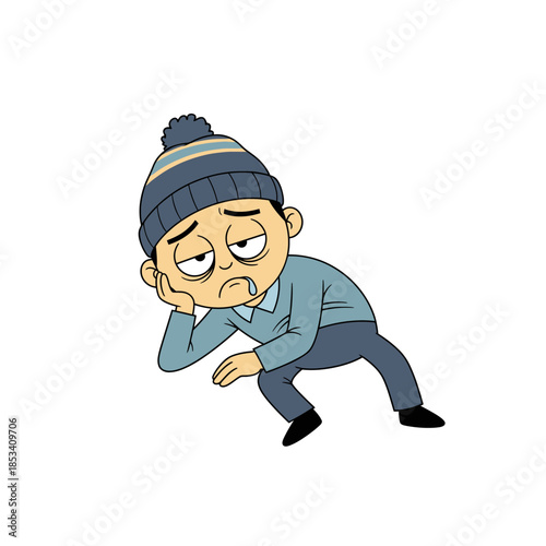 Sad and Tired Cartoon Man Slouching with Hand on Chin in Beanie Hat.
