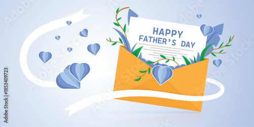 Colorful Father's Day card with hearts emerging from an envelope.