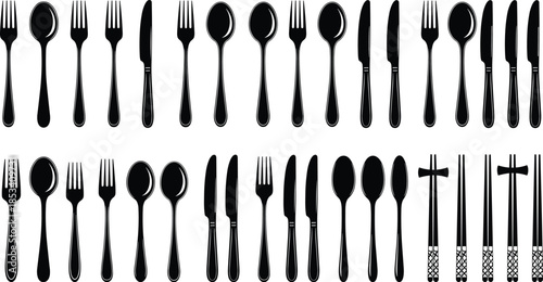 Cutlery silhouette icon set, fork spoon knife collection, dining tableware symbols, restaurant kitchen utensils, flat black design