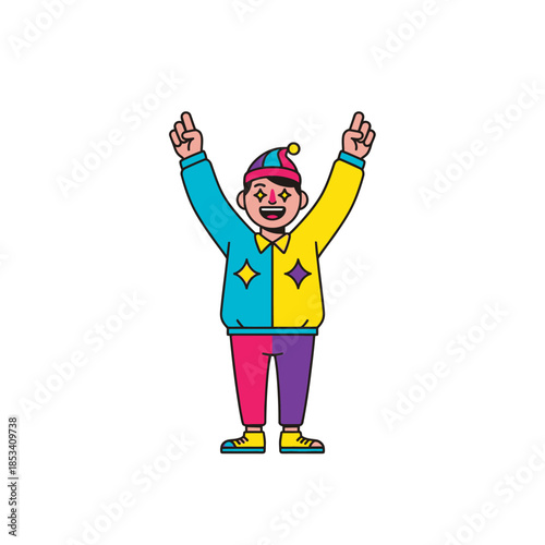Cheerful colorful jester character raising both arms in celebration.