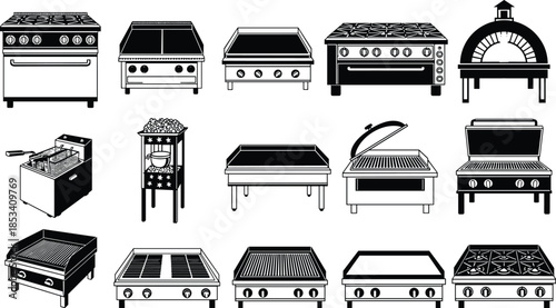 Cooking appliance icon set, commercial kitchen equipment, stove, grill, fryer, oven, black line illustration, food prep, restaurant tools