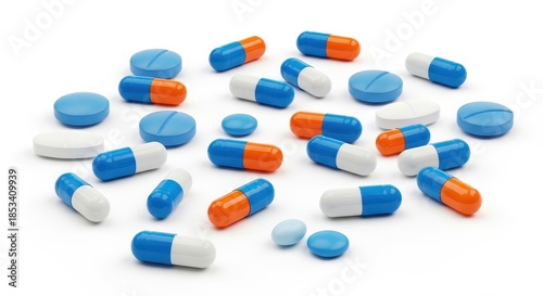 An array of diverse, brightly colored pills and capsules scattered across a plain surface, showcasing various forms of medication for health and wellness.