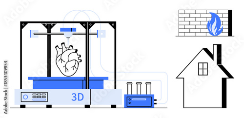 Biotechnology, medical innovation, 3D printing, heart models, fire safety, structural design. A 3D printer creating a heart, a brick wall with fire and a house outline. Biotechnology and medical