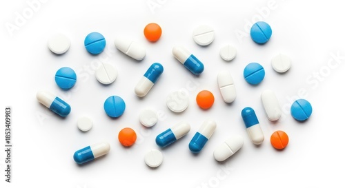 An assortment of pills, capsules, and tablets are artfully arranged, presenting a compelling visual representation of medication and healthcare. 