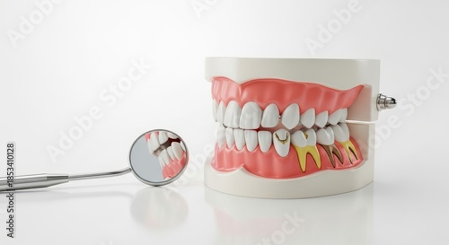 A close-up captures a detailed dental model, complete with a mirror showing tooth decay, on a light backdrop, offering a comprehensive view of dental health and hygiene.
