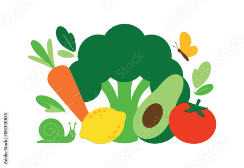 Whimsical illustration of fresh vegetables, fruits, a snail, and a butterfly, evoking healthy eating and nature's bounty.