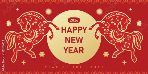 Celebratory design featuring two horses for the 2026 Lunar New Year.