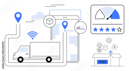 Logistics concept. Logistics illustrated with delivery truck, tracking locations, rating feature, and free shipping. Logistics enhancing ecommerce efficiency, business services. For shipping, retail