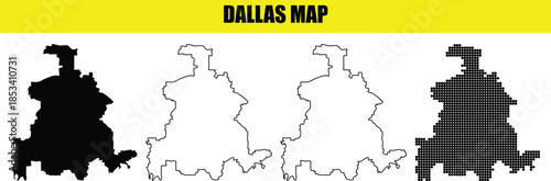 Dallas map silhouette vector illustration city of texas united states outline and dotted pattern graphical shapes collection